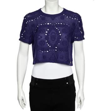 Pre Owned Chanel Navy Blue Perforated Knit Crop Top M