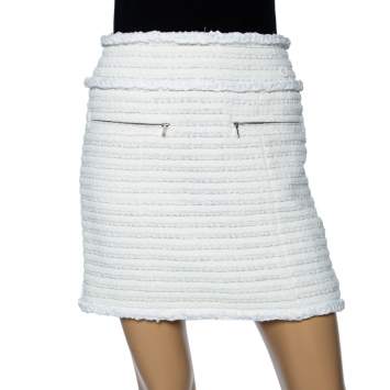Pre Owned Chanel Off White Boucle Knit Contrast Braided Detailed Mini Skirt S