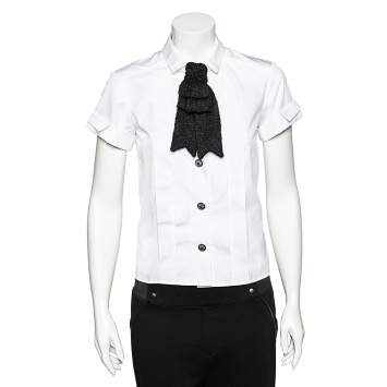 Pre Owned Chanel White Cotton Contrast Bow Detail Short Sleeve Shirt S