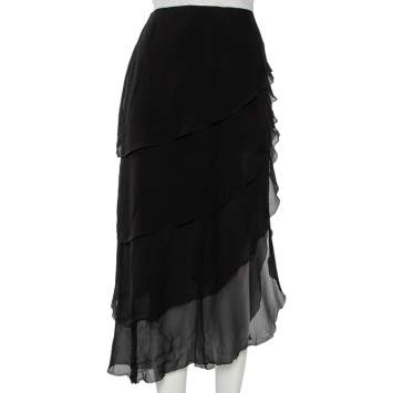 Pre Owned Chanel Black Silk Asymmetrical Tiered Midi Skirt XL