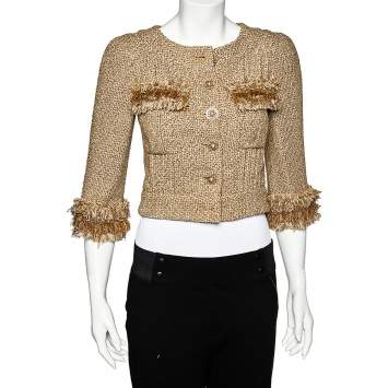 Pre Owned Chanel Gold Lurex Tweed Fringe Detail Button Front Jacket S
