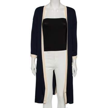 Pre Owned Chanel Navy Blue Knit Contrast Trim Detailed Front Open Cover-Up Cardigan M