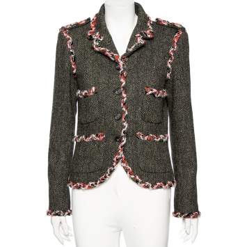 Pre Owned Chanel Grey Herring Wool Contrast Braided Trim Detailed Jacket M