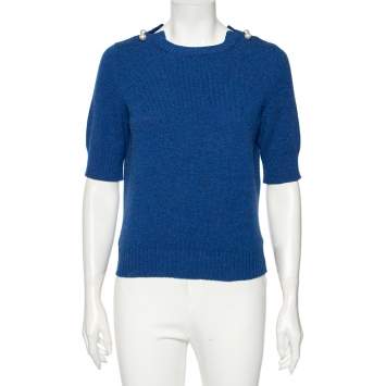 Pre Owned Chanel Blue Cashmere Knit Pearl Detail Sweater M