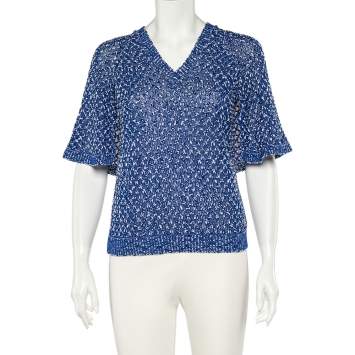 Pre Owned Chanel Blue Silk & Cotton Knit Cape Detail V-Neck Top M