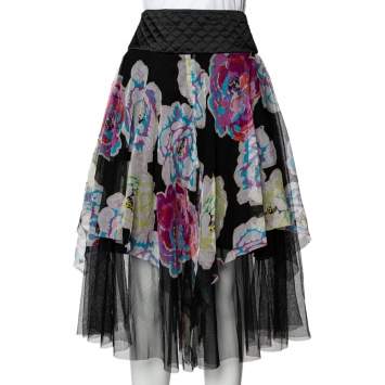 Pre Owned Chanel Black Floral Print Mesh Quilted Waist Midi Skirt M