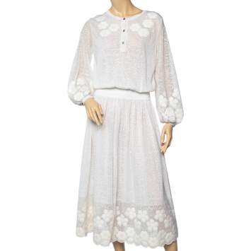 Pre Owned Chanel White Cotton Knit Floral Embellished Detail Cinched Waist Midi Dress M