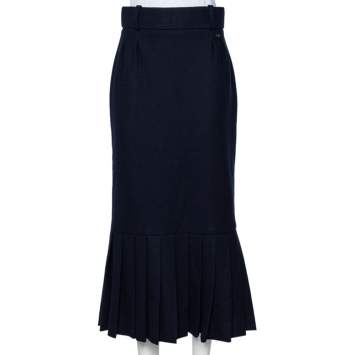 Pre Owned Chanel Navy Blue Wool And Cashmere Pleated Hem Midi Skirt M