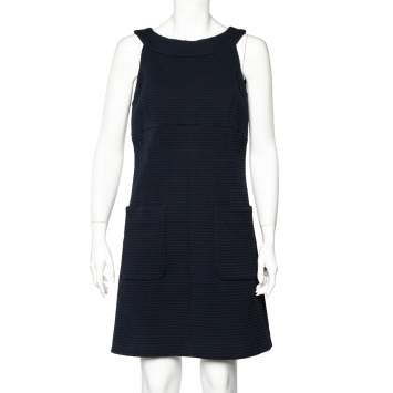 Pre Owned Chanel Navy Blue Textured Cotton Sleeveless Midi Dress L