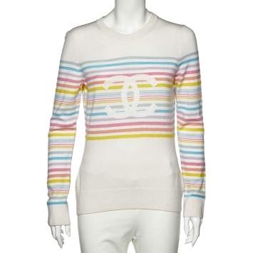 Pre Owned Chanel White Striped Cashmere Crewneck Sweater M