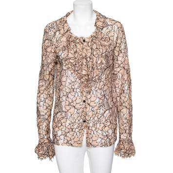 Pre Owned Chanel Light Pink Floral Lace Button Front Shirt XL