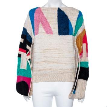 Pre Owned Chanel Multicolored Logo Intarsia Knit Cutout Sleeve Sweater M
