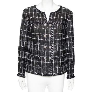 Pre Owned Chanel Black Monochrome Tweed Double Breasted Jacket XXL