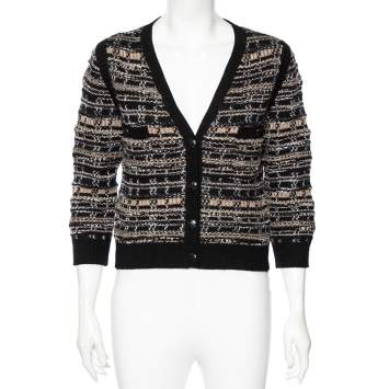 Pre Owned Chanel Black Cashmere & Wool Knit Button Front Cardigan S