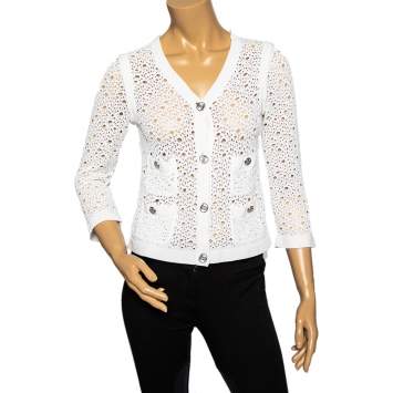 Pre Owned Chanel White Crochet Knit Cropped Button Front Cardigan M