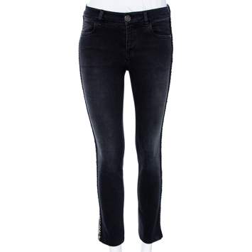 Pre Owned Chanel Black Denim Trimmed Straight Leg Jeans S