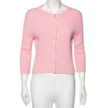 Pre Owned Chanel Pink Patterned Knit La Pausa Pearl Embellished Cardigan M