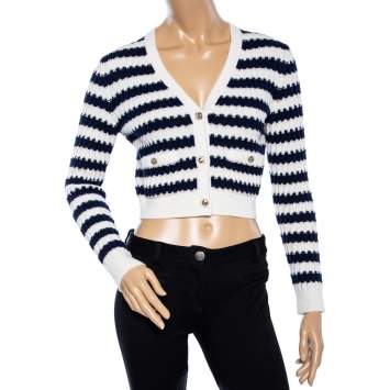 Pre Owned Chanel Navy Blue Striped Sequin Embellished Wool Button Front Cardigan S