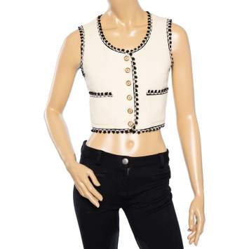 Pre Owned Chanel Boutique Vintage Cream Tweed Contrast trim Button Front Sleeveless Vest M