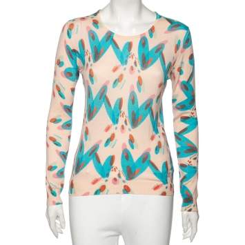 Pre Owned Chanel Pink Heart Printed Cashmere Long Sleeve Sweater M