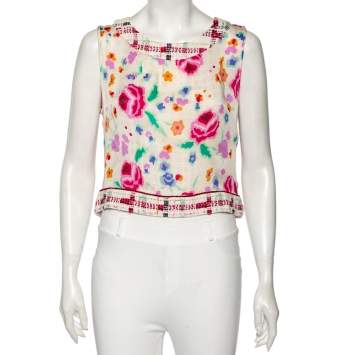 Pre Owned Chanel Multicolor Printed Silk & Tweed Trim Sleeveless Top L