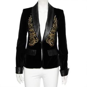 Pre Owned Chanel Black Velvet & Leather Inset Embellished Single Breasted Blazer M