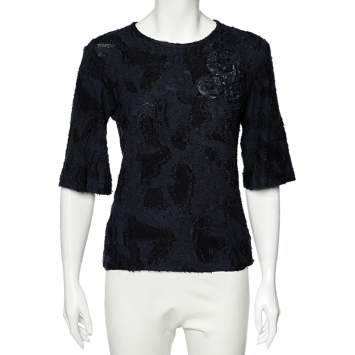 Pre Owned Chanel Navy Blue Textured Cotton Floral Broach Detailed Top S