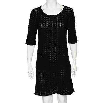 Pre Owned Chanel Black Perforated Knit Pocket Detailed Dress M