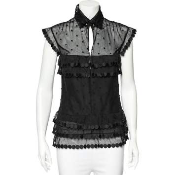 Pre Owned Chanel Black Patterned Mesh Tiered Short Sleeve Top M