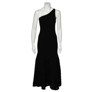 Pre Owned Chanel Black Jersey One Shoulder Open Knit Flounce Hem Detail Dress M