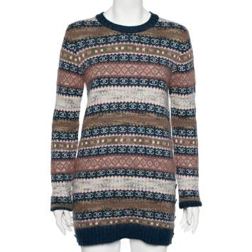 Pre Owned Chanel Multicolor Cashmere & Wool Knit Long Sweater M