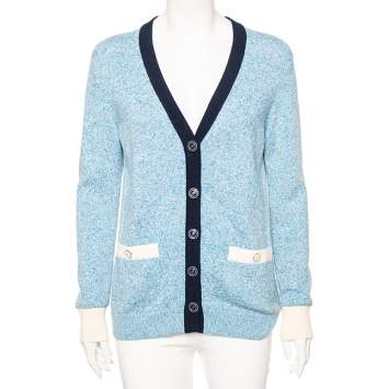 Pre Owned Chanel Blue Cashmere Knit Contrast Trimmed Button Front Cardigan L