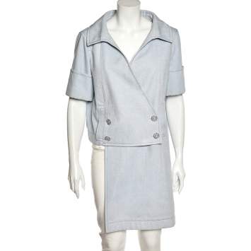 Pre Owned Chanel Blue Denim Double Breasted Asymmetric Hem Jacket M