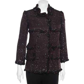 Pre Owned Chanel Burgundy Sequined Tweed Double Breasted Jacket S