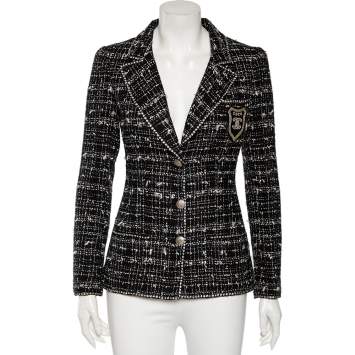 Pre Owned Chanel Black Tweed Logo Crest Detail Button Front Jacket S