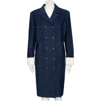 Pre Owned Chanel Rue Cambon Blue Cotton Double Breasted Coat L