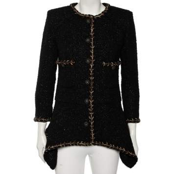 Pre Owned Chanel Black Tweed Braided Trim Detailed Asymmetrical Jacket S