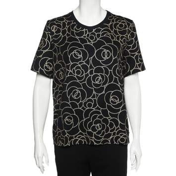 Pre Owned Chanel Black Camellia Foil Print Cotton T-Shirt XL