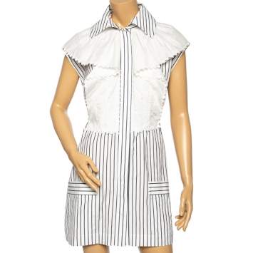 Pre Owned Chanel White Striped Cotton Overlay Detailed Button Front Short Dress M
