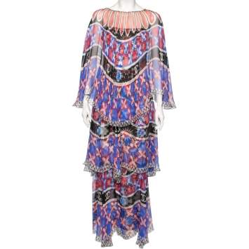 Pre Owned Chanel Multicolored Printed Silk Tiered Cape Dress M