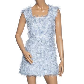 Pre Owned Chanel White & Blue Cotton & Tinsel Fringed Sleeveless Dress S