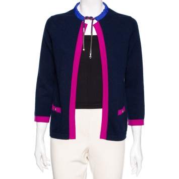 Pre Owned Chanel Navy Blue & Pink Trimmed Cashmere Pocketed Cardigan S