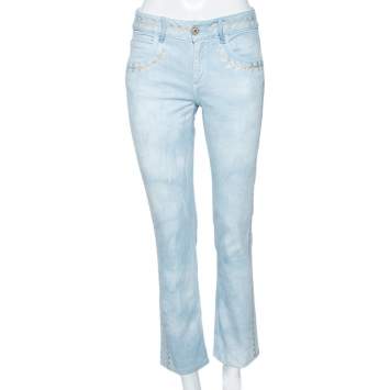 Pre Owned Chanel Indigo Light Wash Denim Embroidered Jeans S
