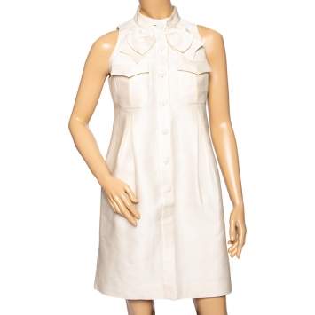 Pre Owned Chanel Cream Textured Silk Bow Detailed Button Front Short Dress S 