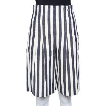 Pre Owned Chanel Navy Blue & White Striped Denim Shorts M