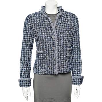 Pre Owned Chanel Navy Blue Lurex Tweed Button Front Jacket M