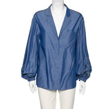 Pre Owned Chanel Blue Cotton Button Front Oversize Blouse M