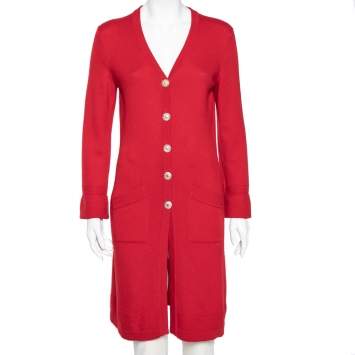 Pre Owned Chanel Red Cashmere Button Front Long Cardigan S