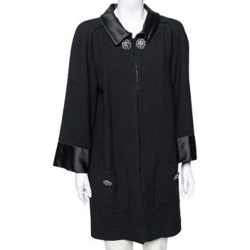 Pre Owned Chanel Black Wool & Satin Trimmed Pocketed Cape Coat L