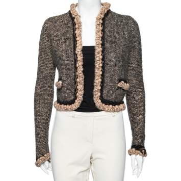 Pre Owned Chanel Brown Wool & Camel Braided Leather Trimmed Open Front Jacket M